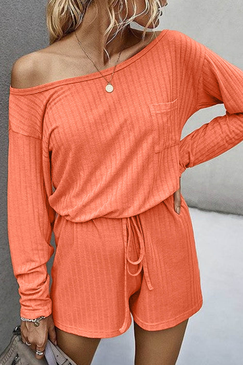 Ribbed Drawstring Waist Long Sleeve Romper