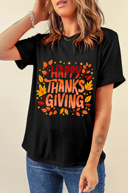 Happy Thanksgiving Leaves Print Crew Neck T Shirt