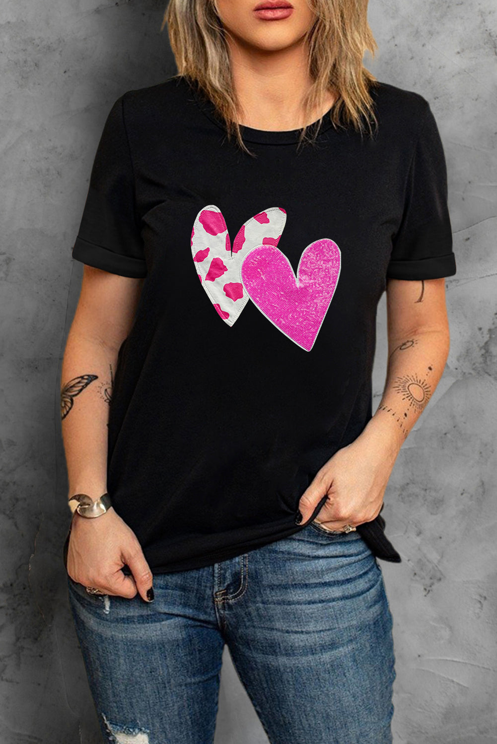 Valentines Double Heart Sequin Graphic T-shirt