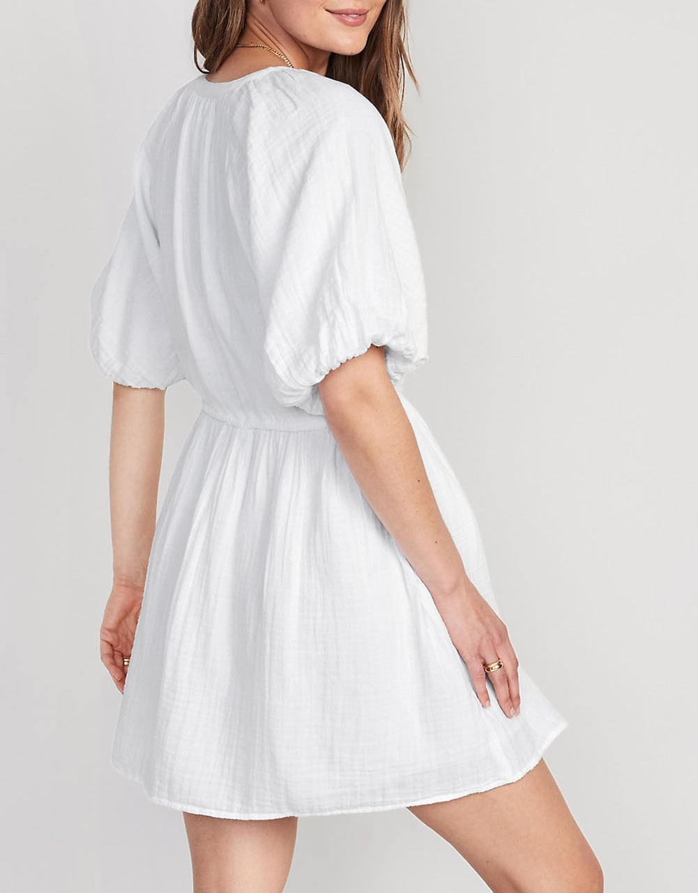 Puff Sleeve Drawstring Shirt Dress with Pockets