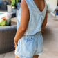 Studded V Neck Raw Hem Sleeveless Denim Romper