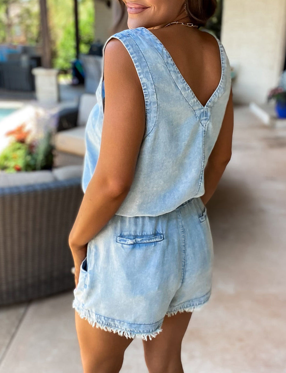 Studded V Neck Raw Hem Sleeveless Denim Romper