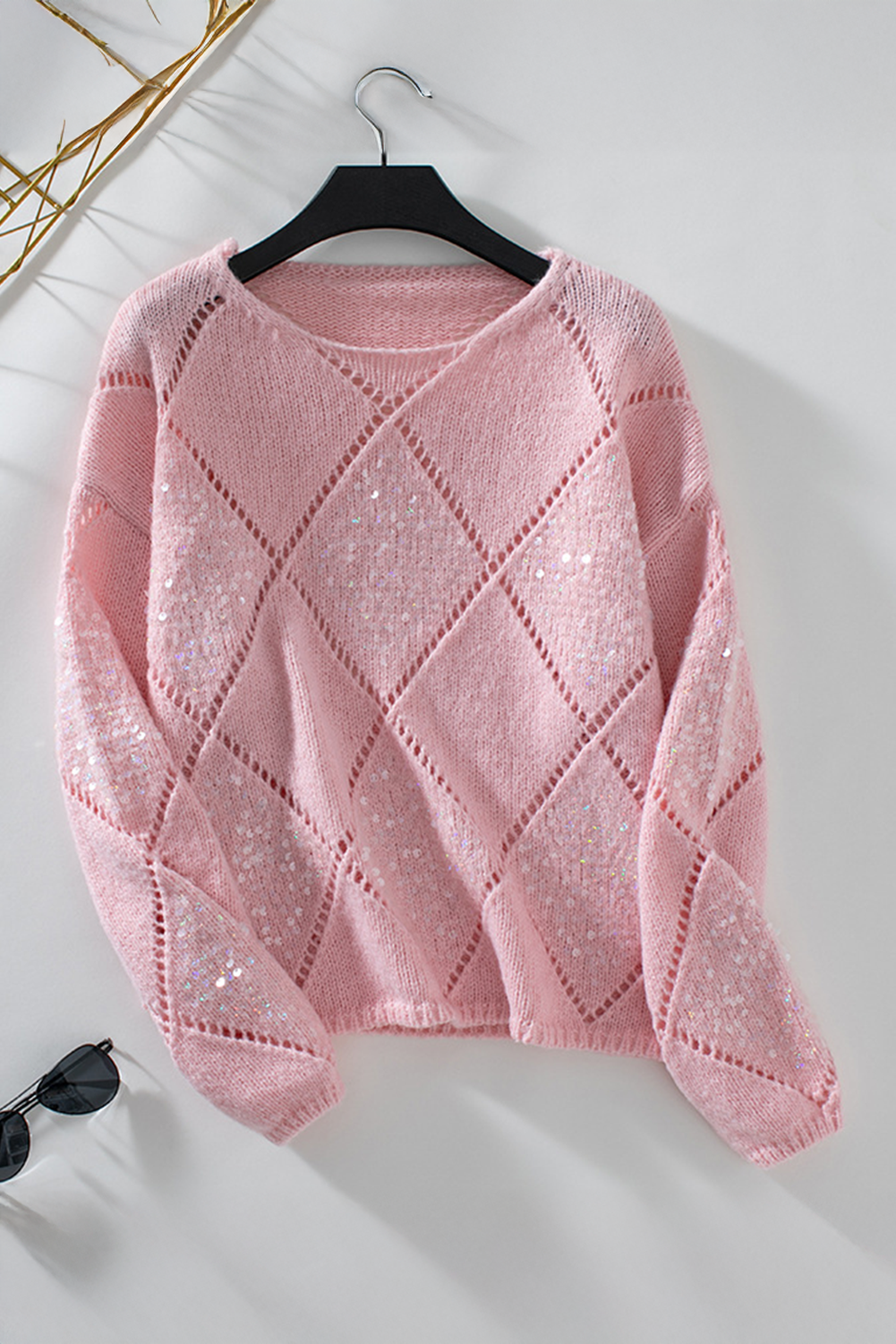 Hollowed Rhombus Pattern Sequin Detail Round Neck Sweater