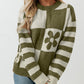 Checkered Floral Print Striped Sleeve Sweater