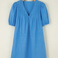 Solid Color Pleated Puff Short Sleeve Shift Dress