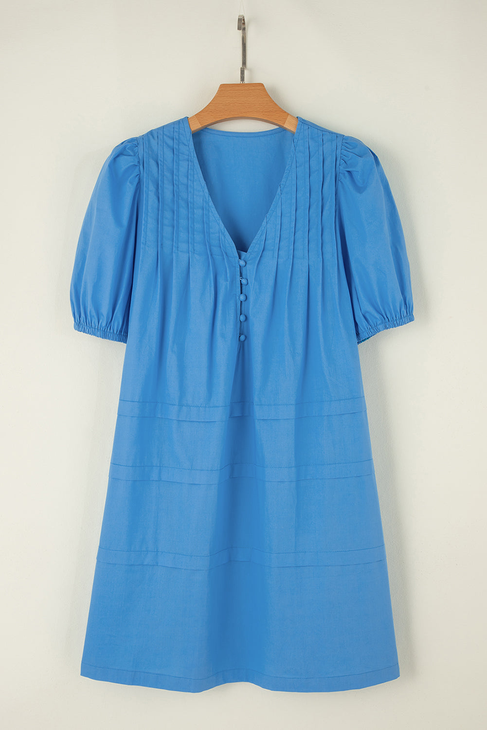 Solid Color Pleated Puff Short Sleeve Shift Dress