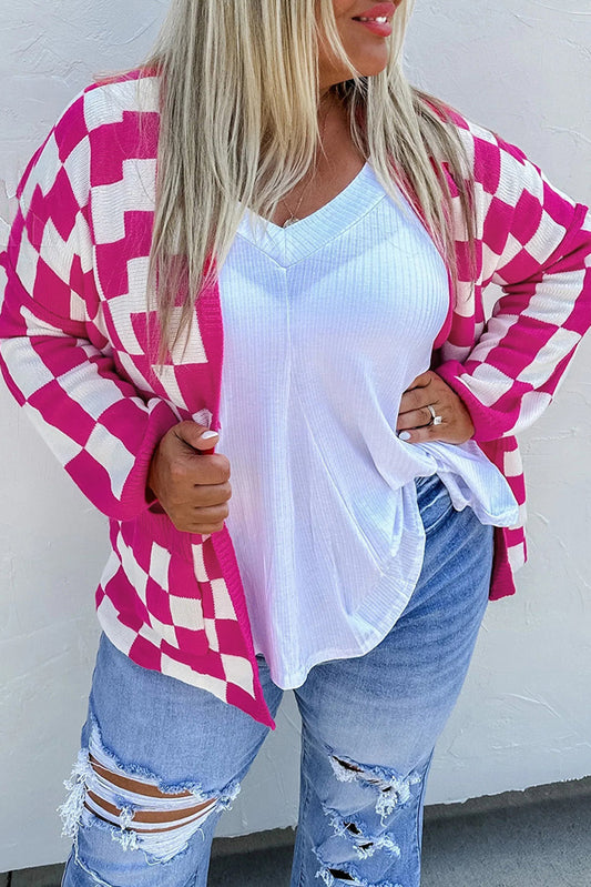 Checkered Pattern Open Front Plus Size Cardigan