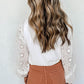 Eyelet Lace Puff Sleeve Split Neck Blouse