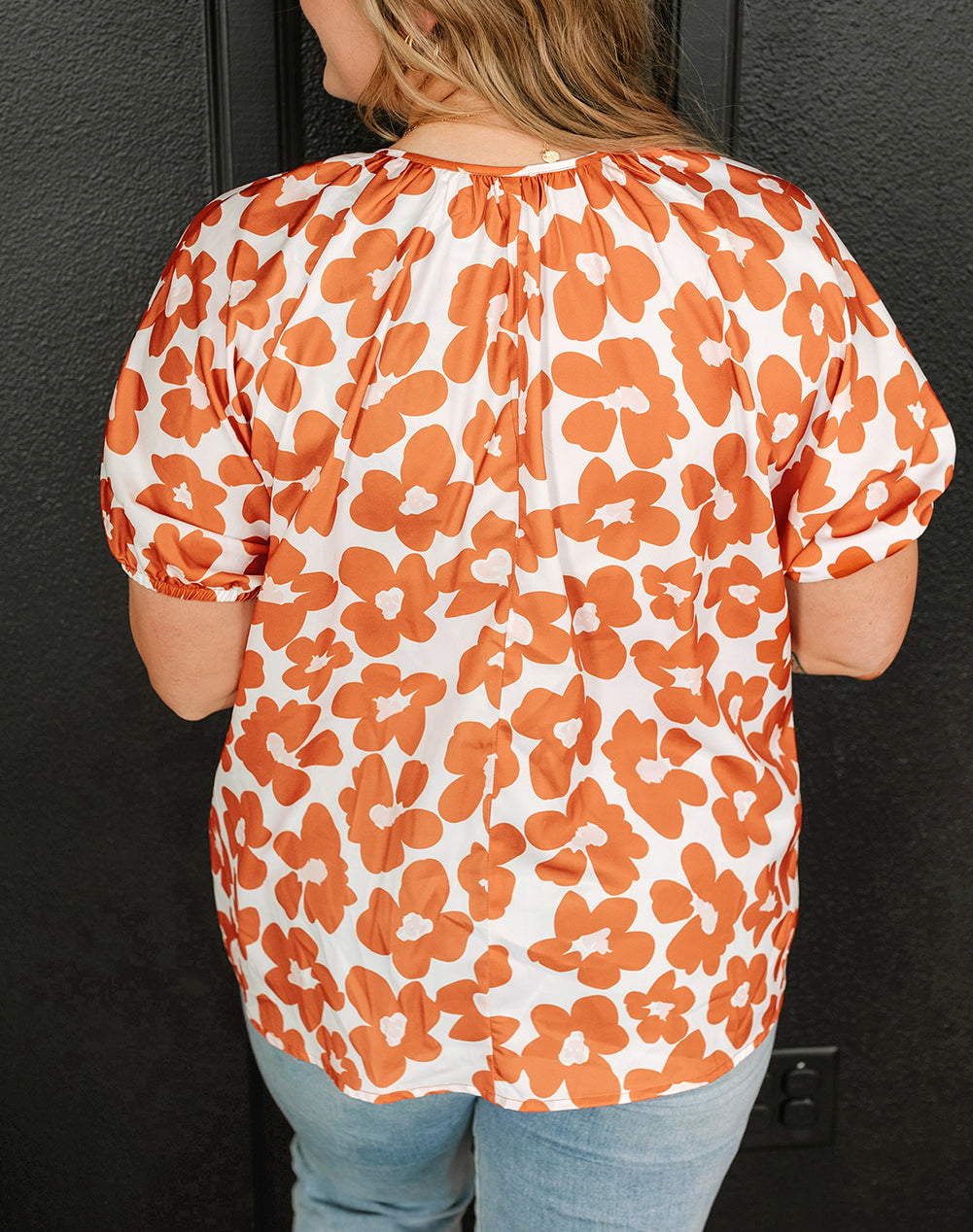 Plus Size Floral Print Drawstring V Neck Short Sleeve Blouse