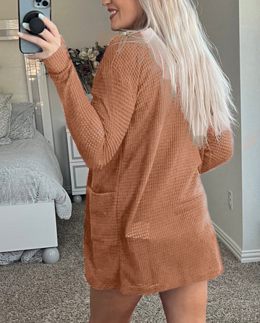 Waffled Knit Thumb Sleeve Pocketed Cardigan