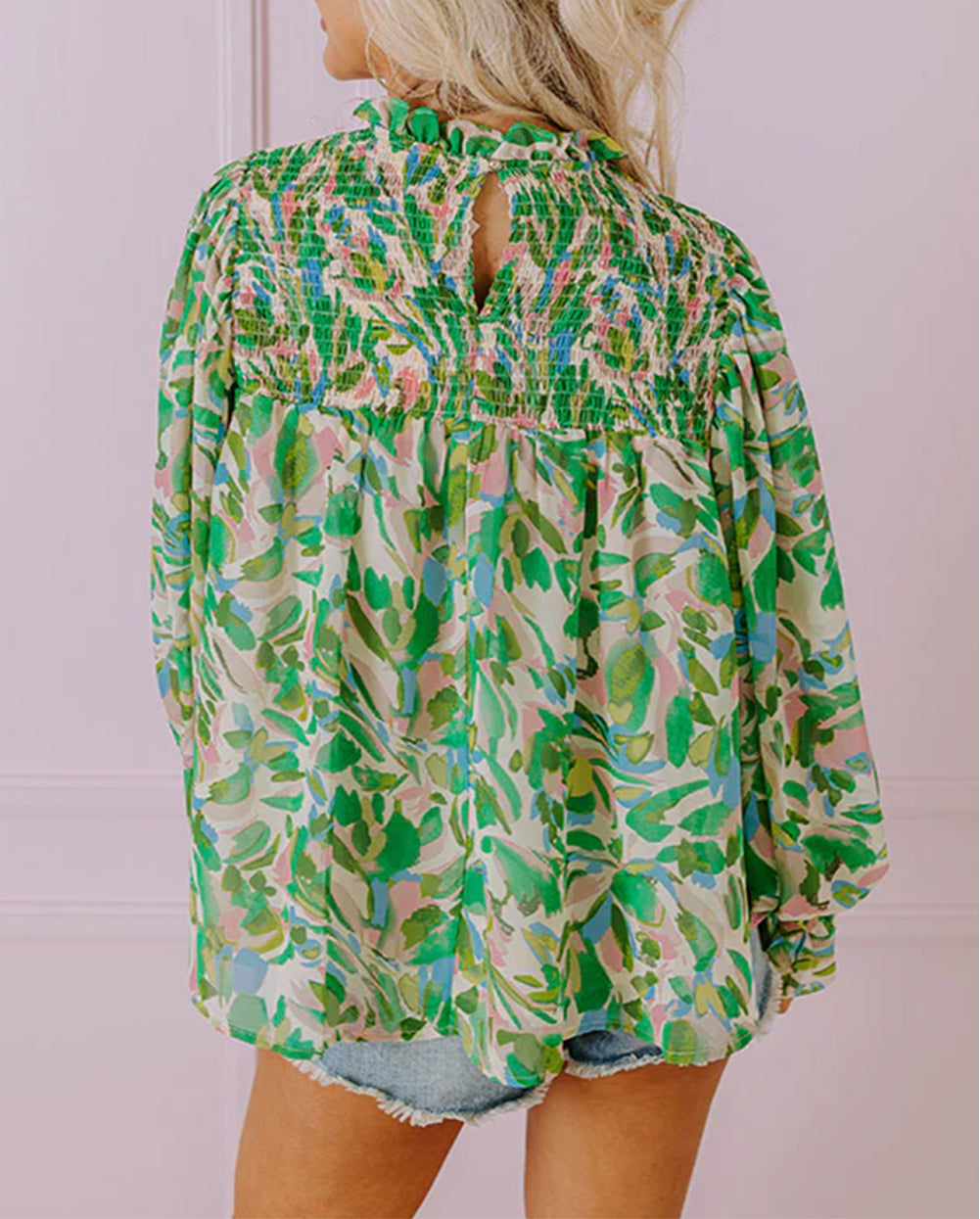 Leafy Printed Flounce Sleeve Shirred Mock Neck Blouse