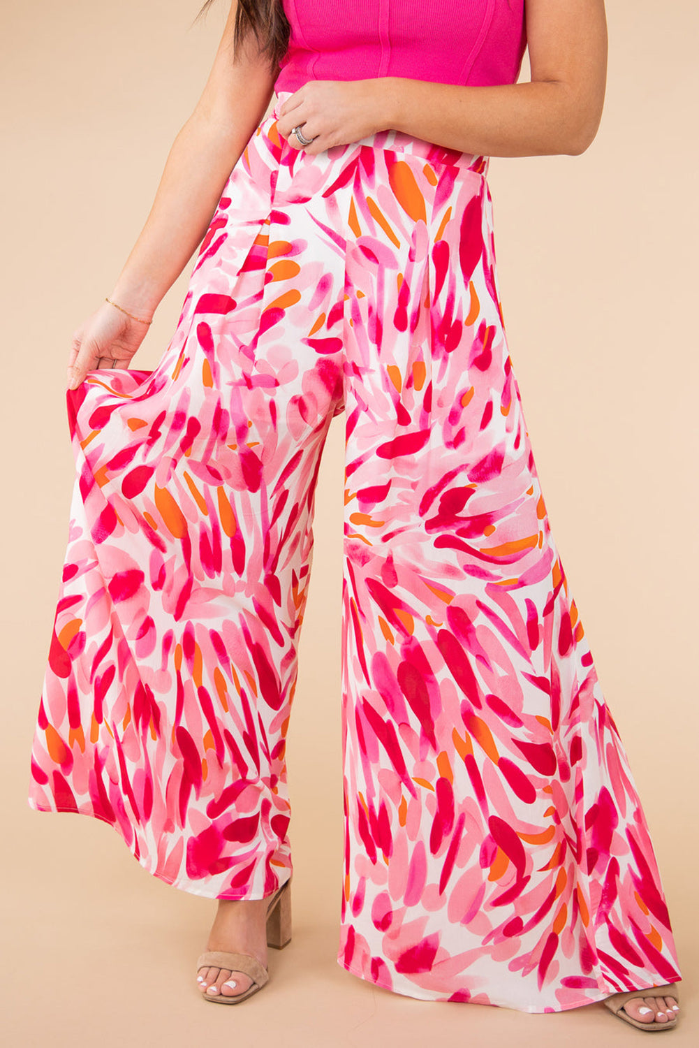 Rose Boho Abstract Floral Print Wide Leg Pants