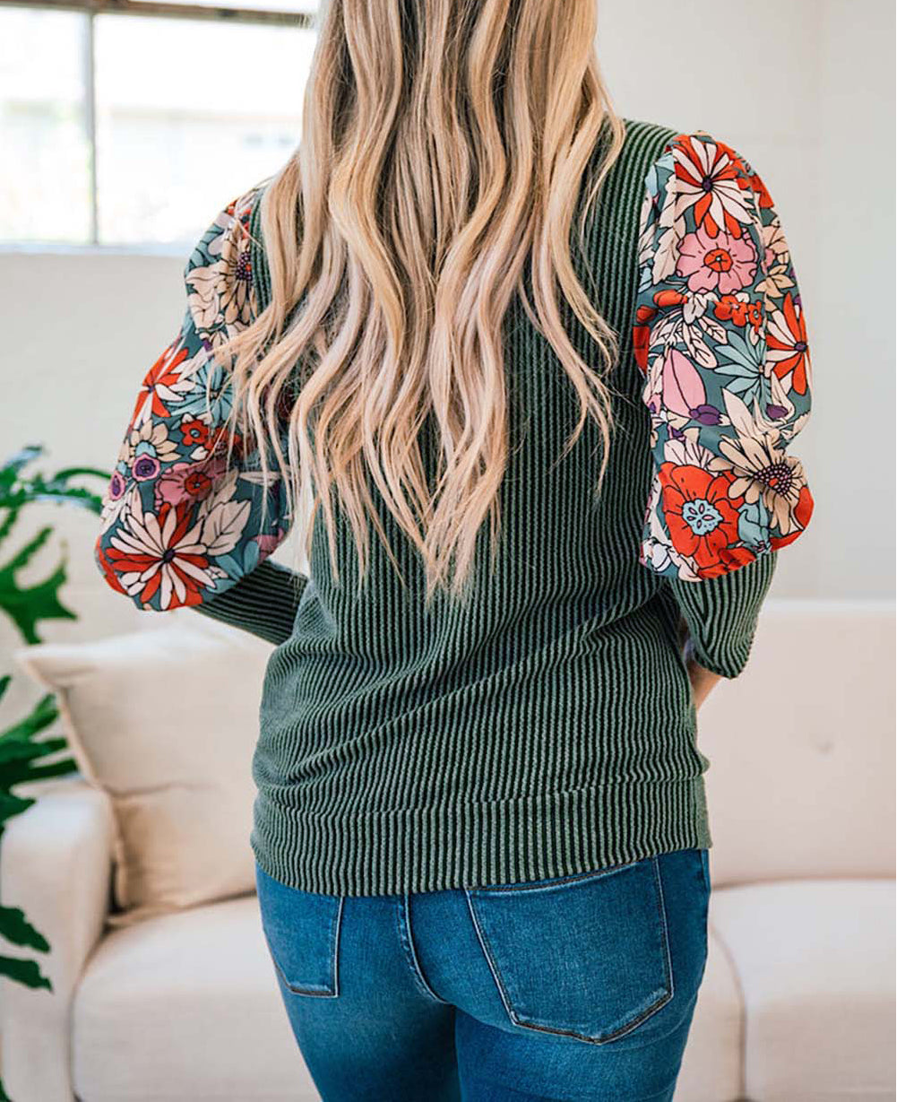 Contrast Floral Sleeve Striped Crew Neck Top