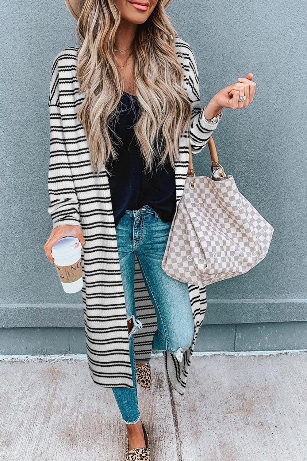 Stripe Print Open Front Duster Cardigan