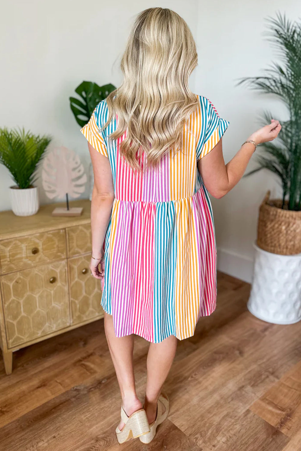 Colorblock Striped Short Sleeve Buttoned Shirt Dress