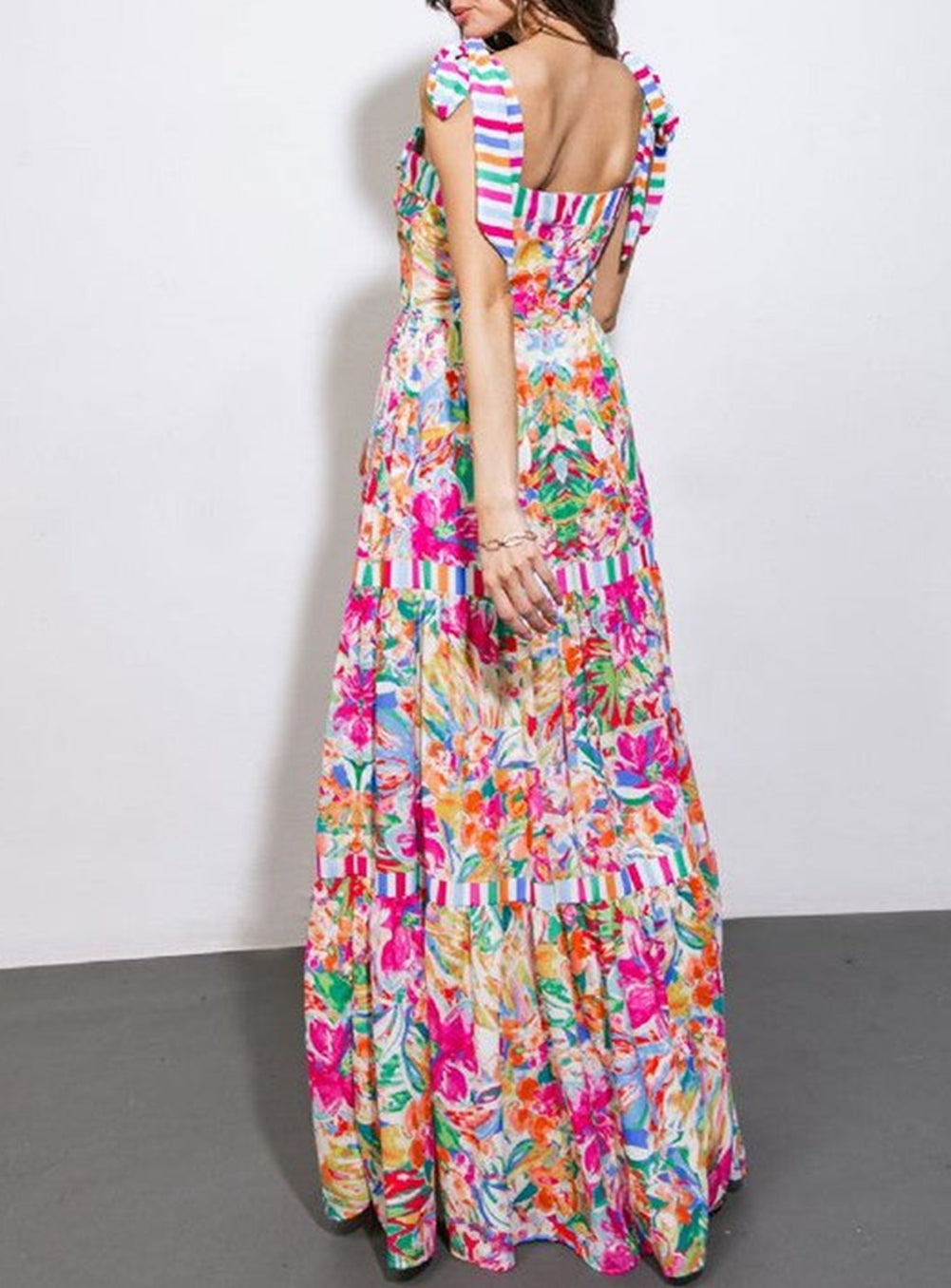 Striped Trim Self-tie Straps Floral Maxi Dress
