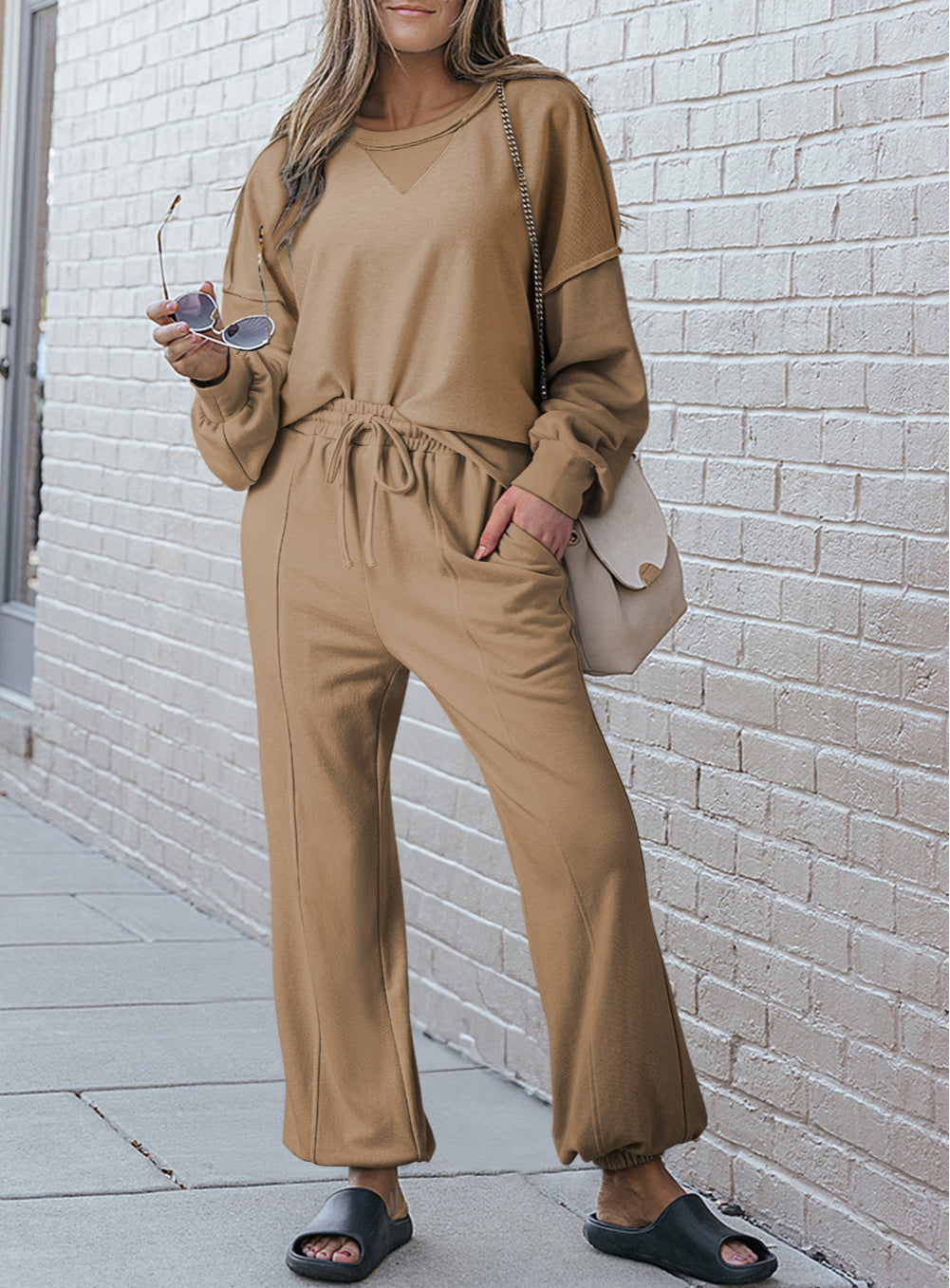 Contrast Patchwork Pullover and Drawstring Joggers Set