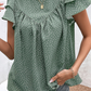 Dotted Ruffle Sleeve Crew Neck Ruched Blouse