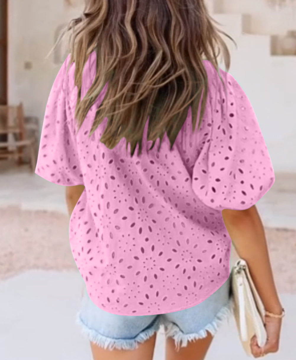 Flower Embroidered Hollow-out Puff Sleeve Blouse