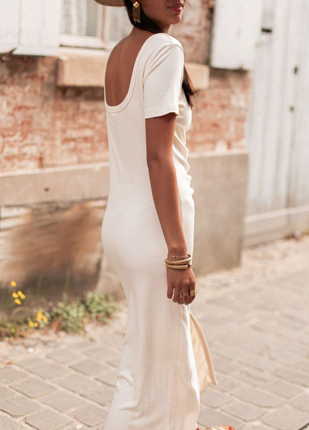 V Neck Ruched Button Front French T-shirt Dress