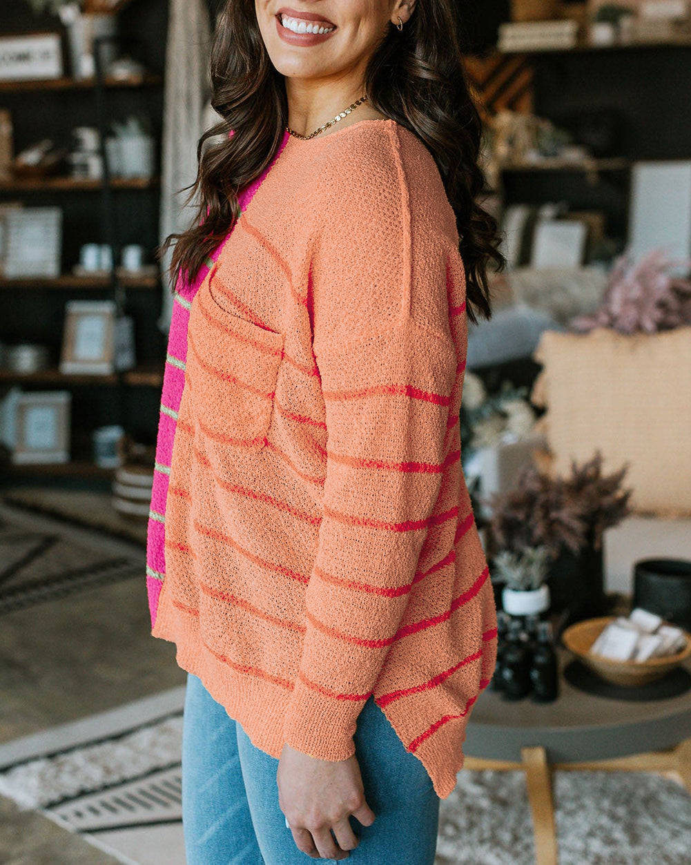 Plus Size Color Block Striped Patchwork Knit Sweater