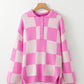 Checkerboard Half Button Collared Drop Shoulder Sweater