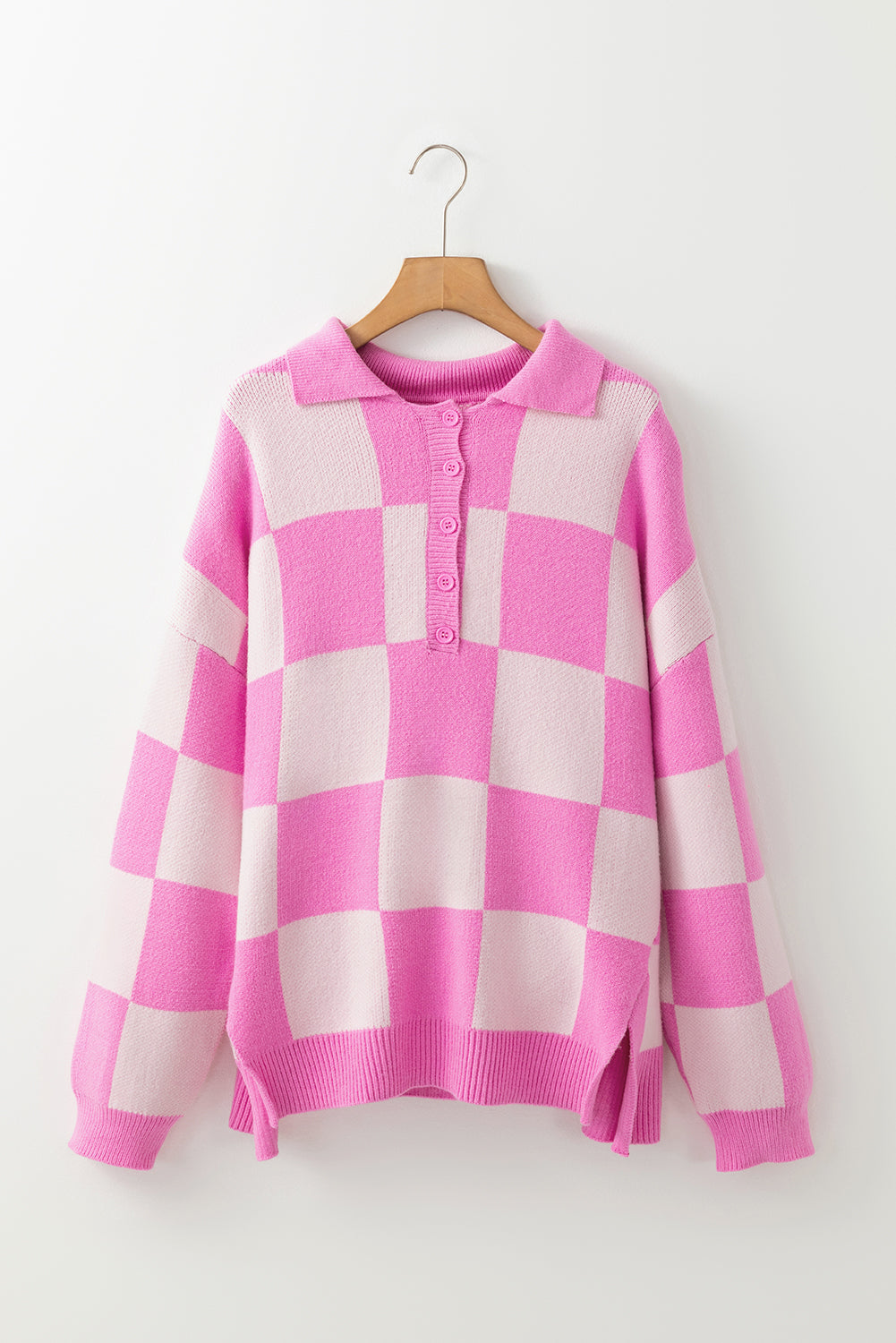 Checkerboard Half Button Collared Drop Shoulder Sweater