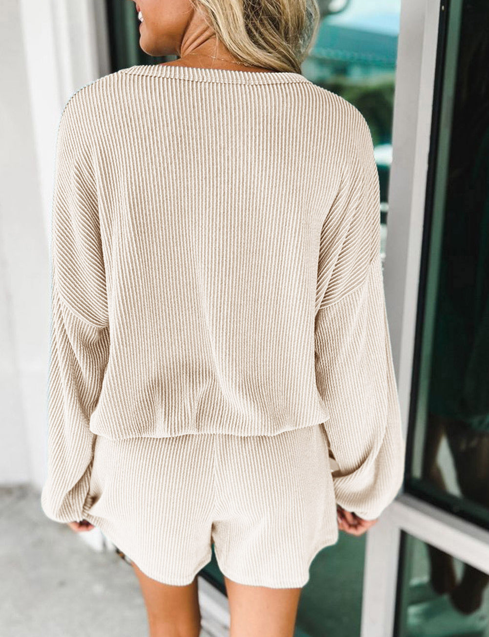 Corded V Neck Slouchy Top Pocketed Shorts Set