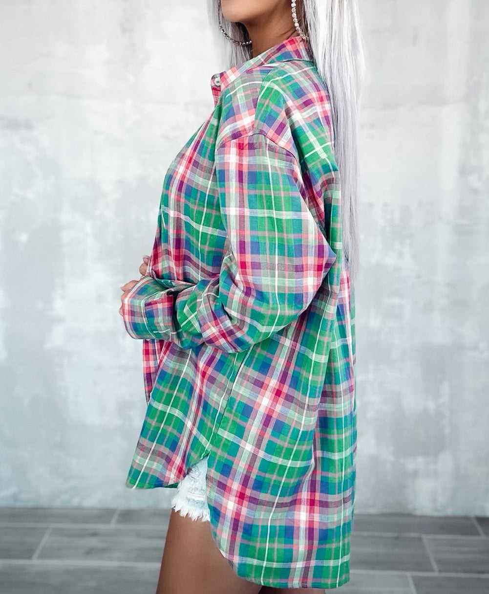 Plaid Long Sleeve Button Down Split Shirt