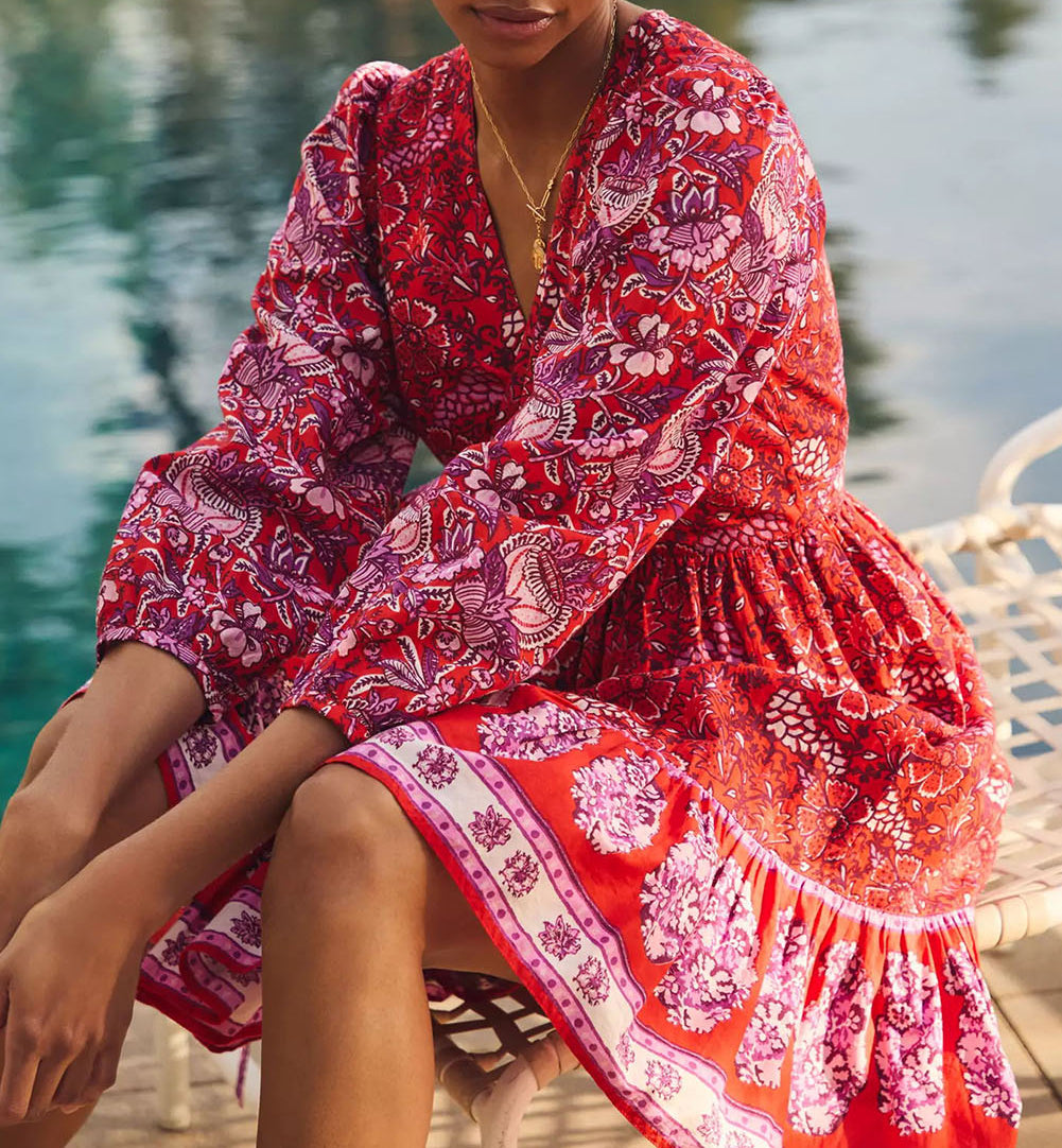 Hot Boho Floral Tie Wrap V Neck Ruffle Dress