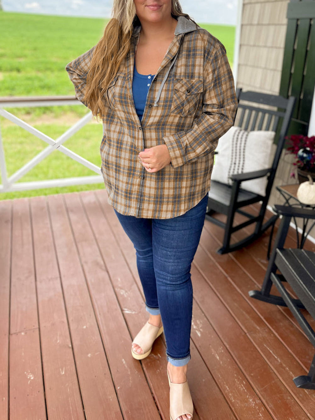 Plus Size Plaid Print Drawstring Hooded Shacket