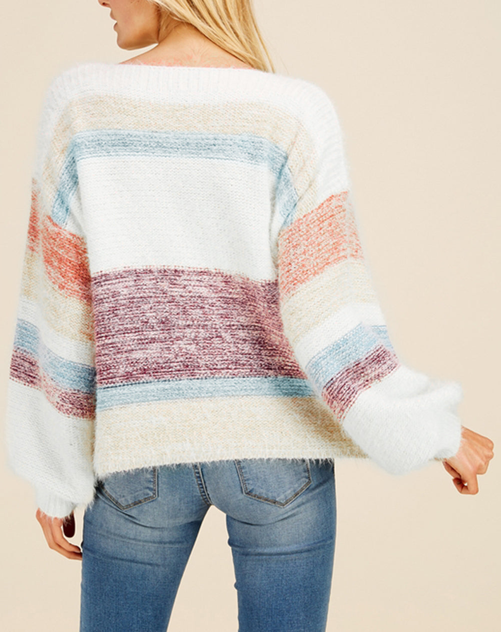 Colorblock Striped Bishop Sleeve Fuzzy Sweater