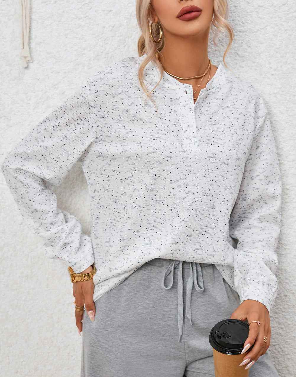 Slouchy Heather Rib Knit Long Sleeve Henley Top