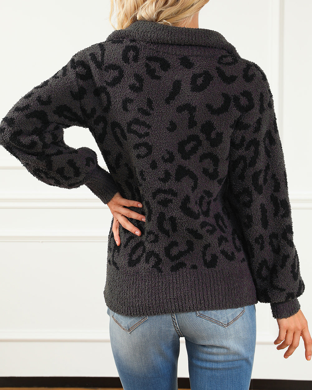 Animal Print Zipped Collared Sweater