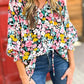 Floral Notched V-Neck Puff Sleeve Blouse