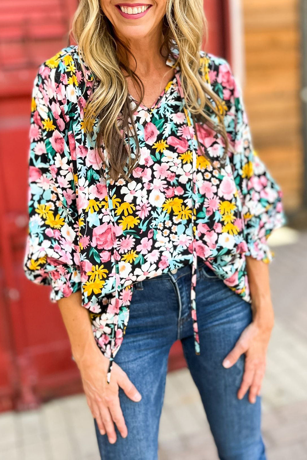 Floral Notched V-Neck Puff Sleeve Blouse
