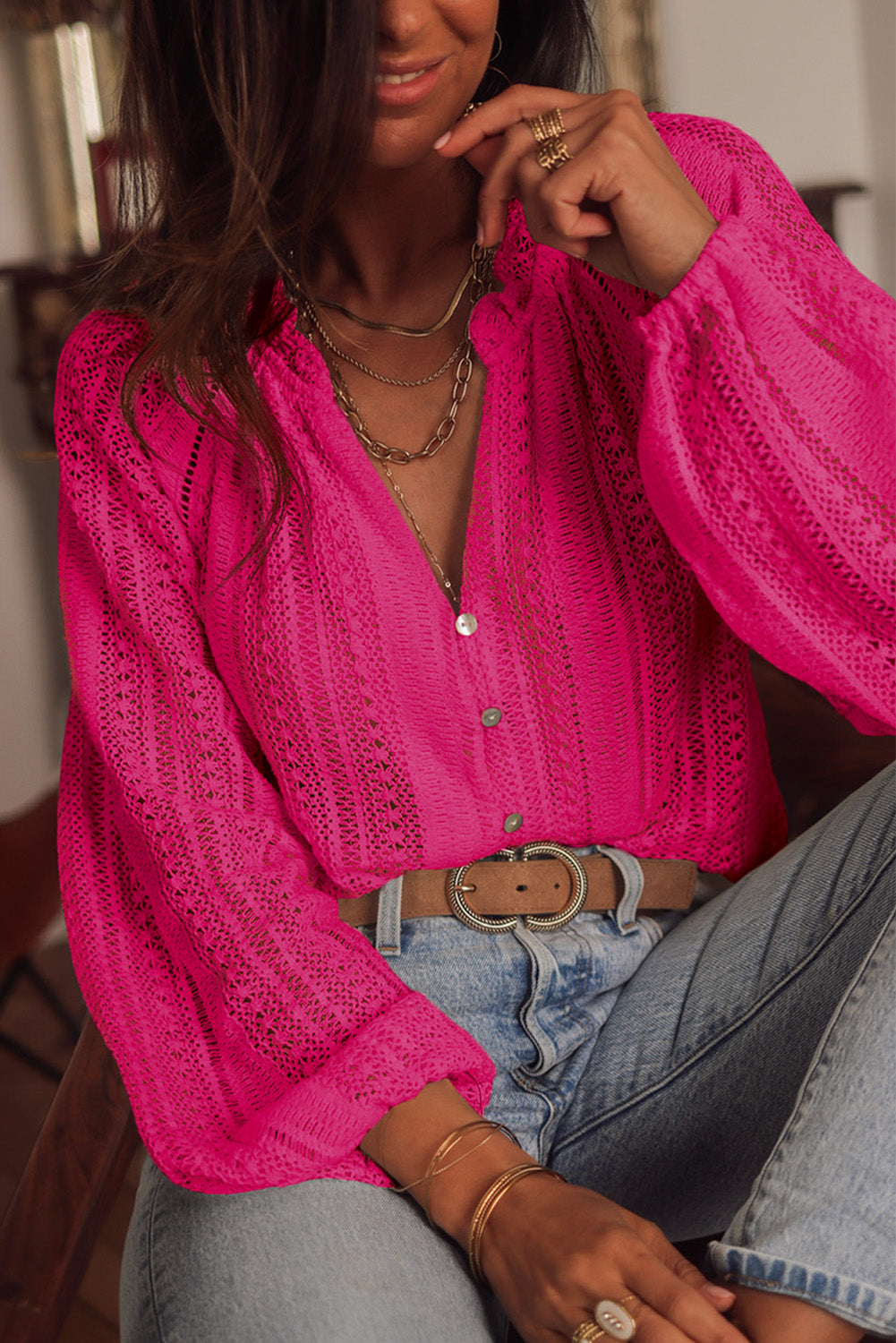 V-Neck Long Sleeve Button Up Lace Shirt