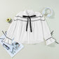 Ribbon Bowtie Collared Ruffled Puff Sleeve Shirt