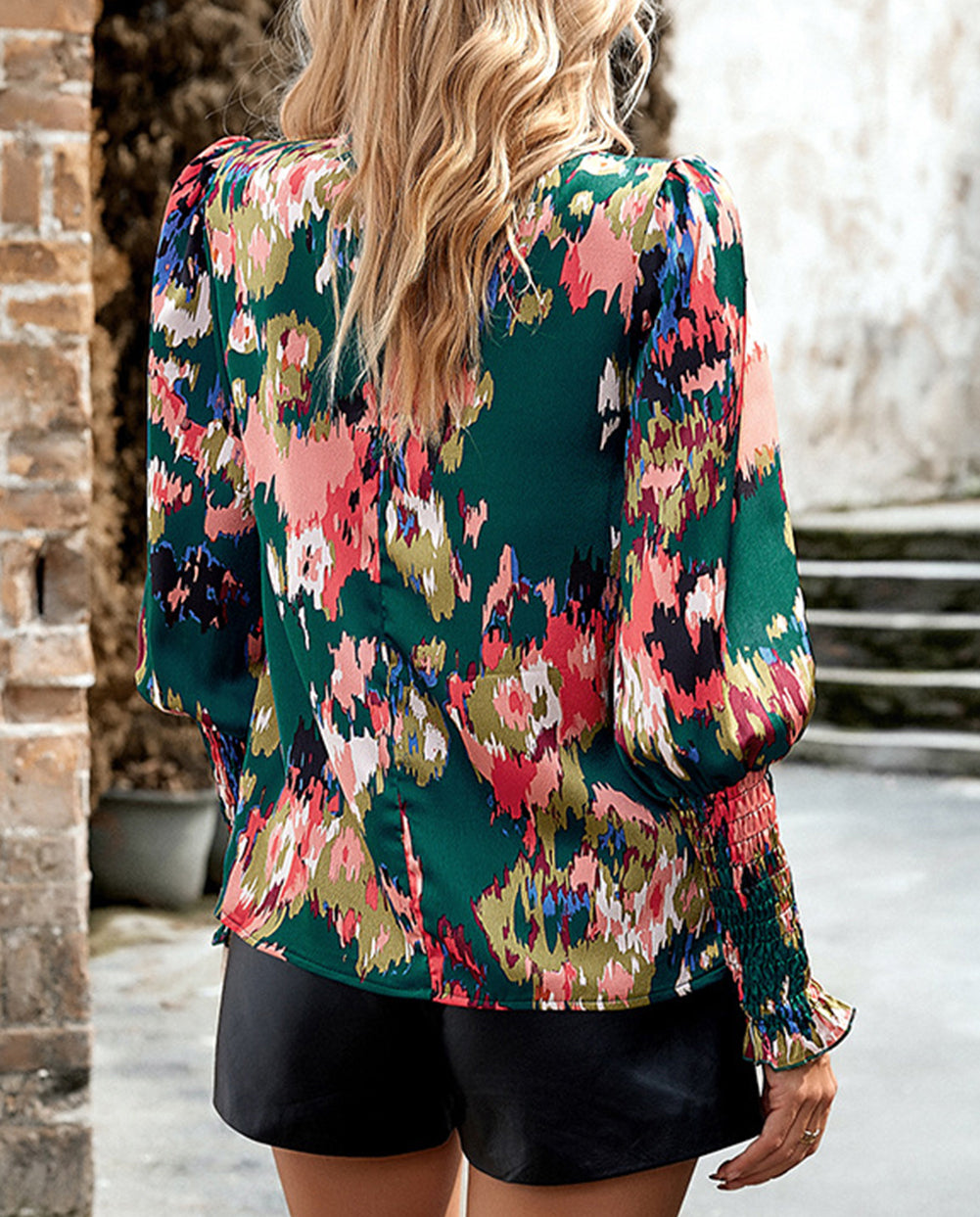 Abstract Print Smocked Cuffs Frilled Neck Blouse