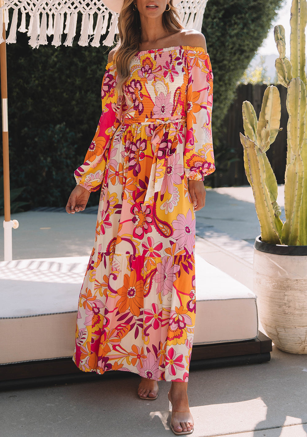 Boho Floral Smocked Off Shoulder Puff Sleeve Maxi Dress