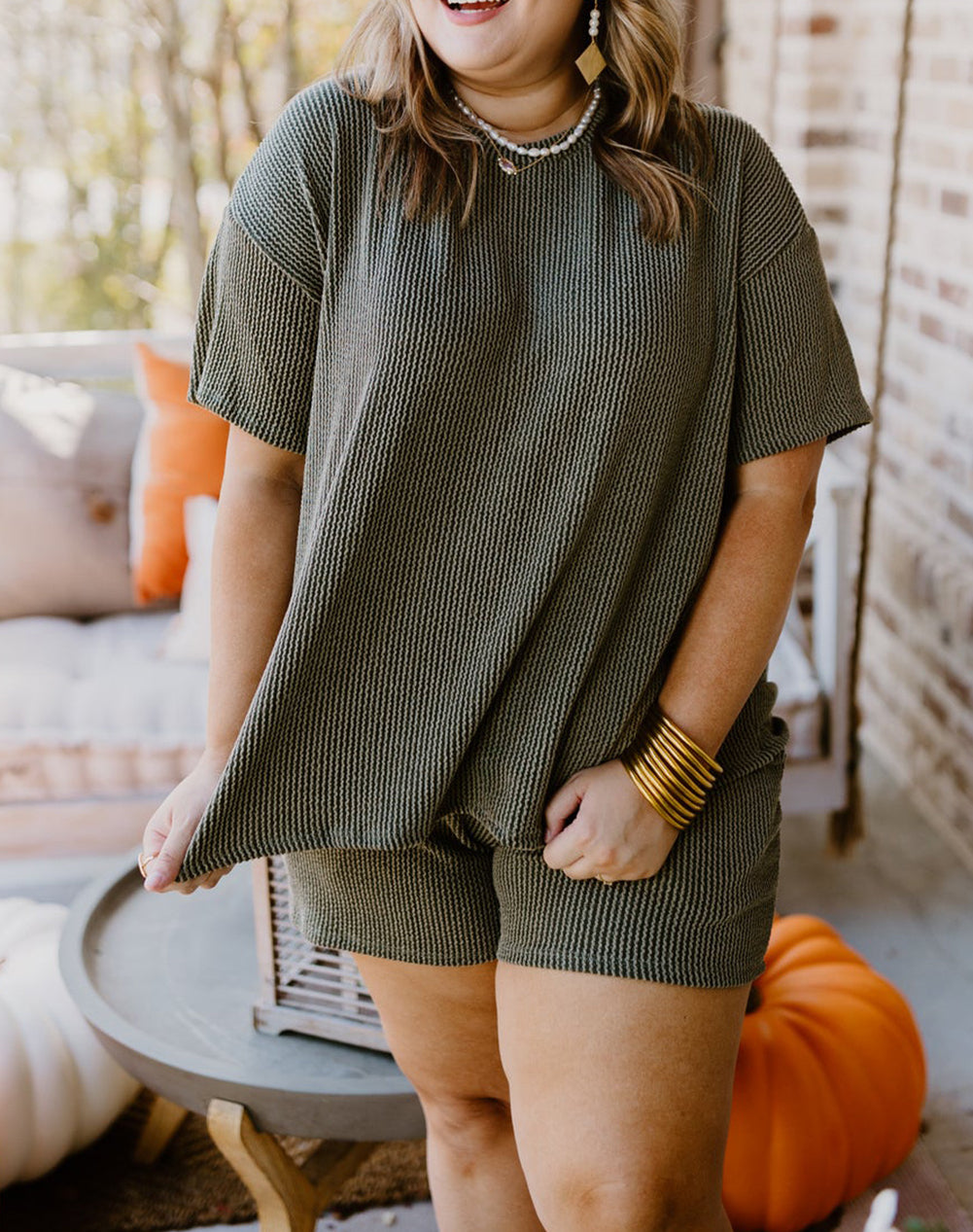 Plus Size Rib Knit Short Sleeve Top and Shorts Set