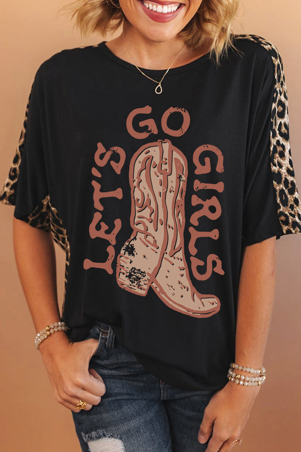 Western Boots Slogan Print Leopard Patchwork T Shirt