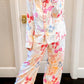 Bow Knot Print Lapel Collar Wide Leg Satin Pajama Set