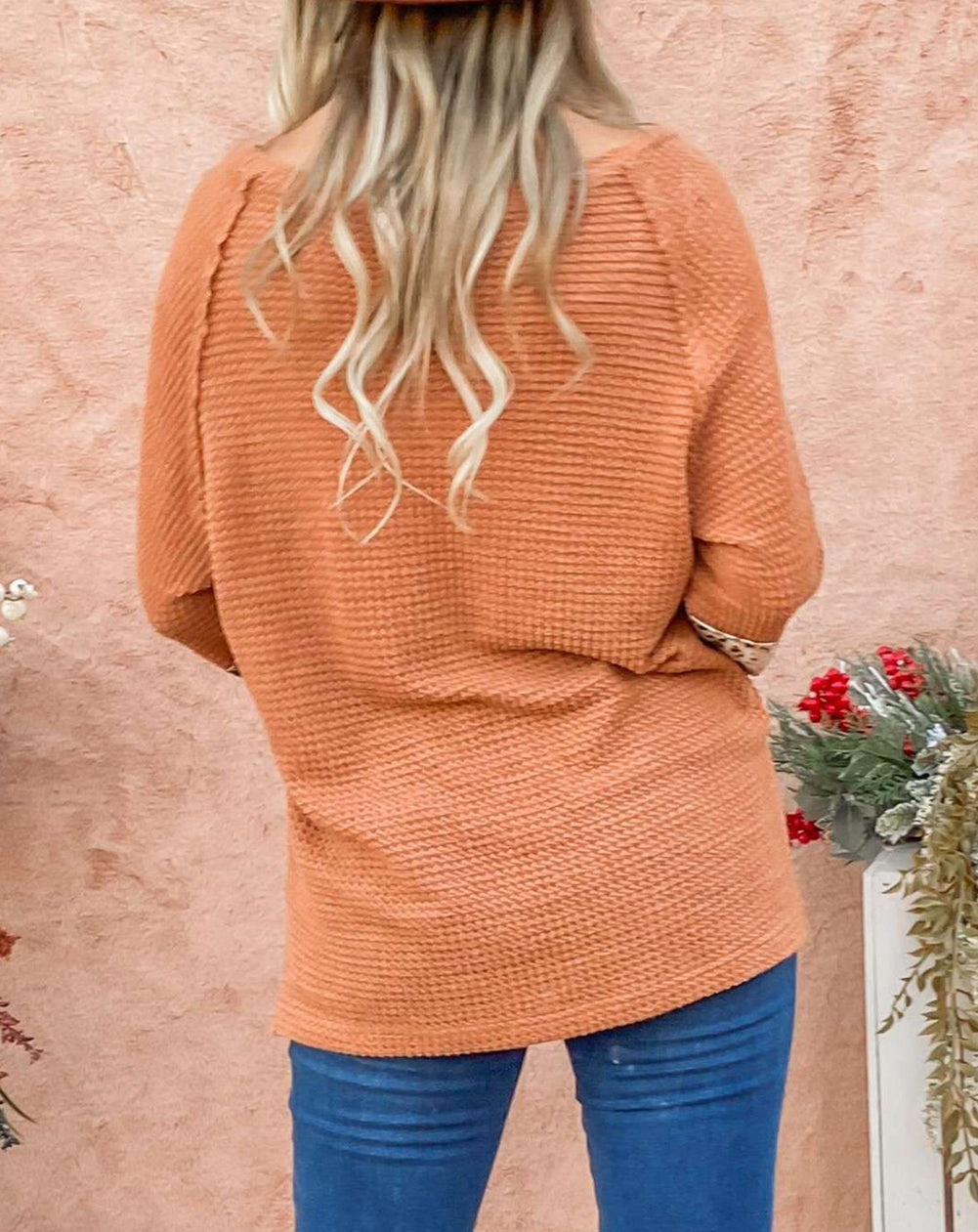 Leopard Splicing Exposed Seam Waffle Knit Top