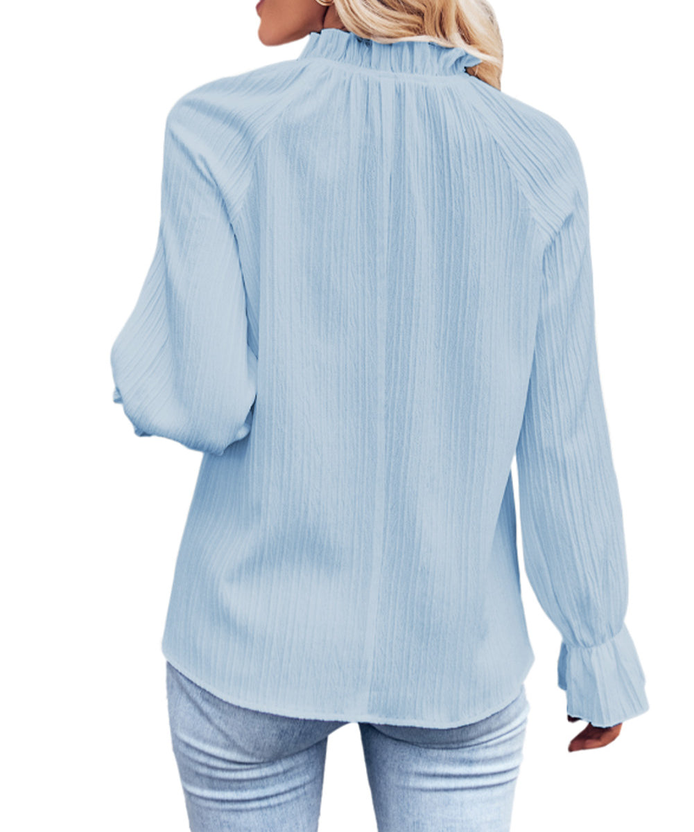 Frilled Mock Neck Ripple Bubble Sleeve Blouse