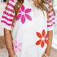 Floral Pattern Striped Sleeve Sweater T Shirt