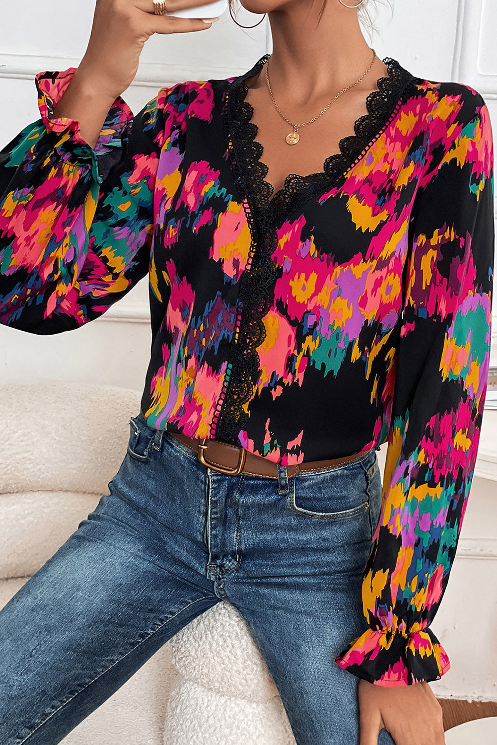 Abstract Printed Flounce Sleeve Lace V-Neck Blouse