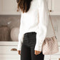 Button Ribbed Puff Sleeve High Neck Sweater