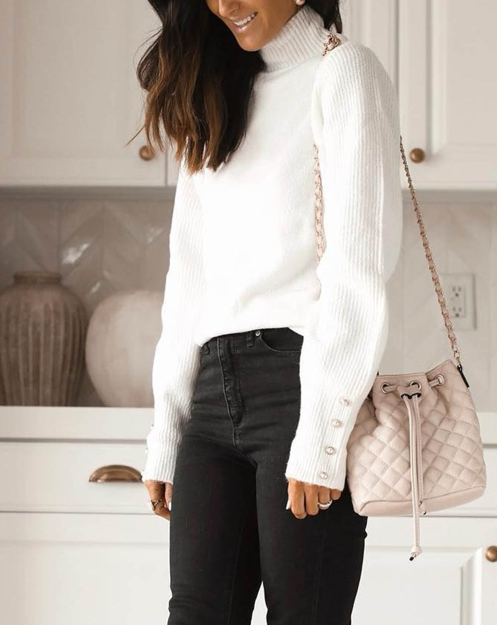 Button Ribbed Puff Sleeve High Neck Sweater