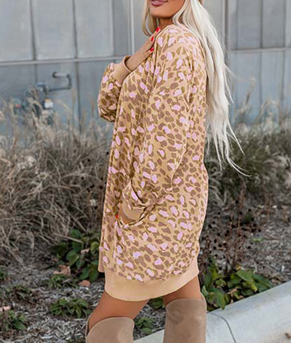 Leopard Print Side Pockets Long Sleeve Mini Dress